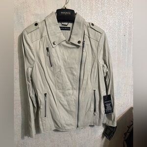 NWT Pamela McCoy Off-White Zippered Moto Leather Jacket, Sz 1X